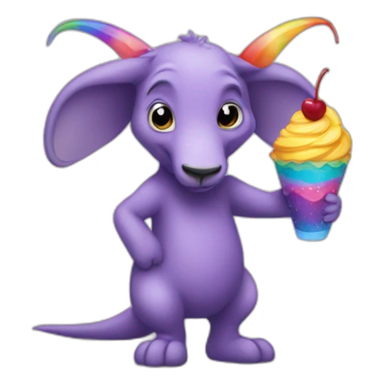 Full body Purple aardvark with a long nose holding a rainbow parfait sticker
