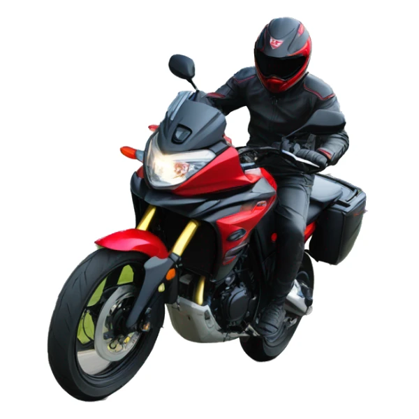 A man with red and black driving Suzuki v strom 250 sticker