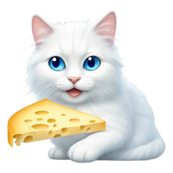 White fluffy cat with blue eyes eating cheese sticker