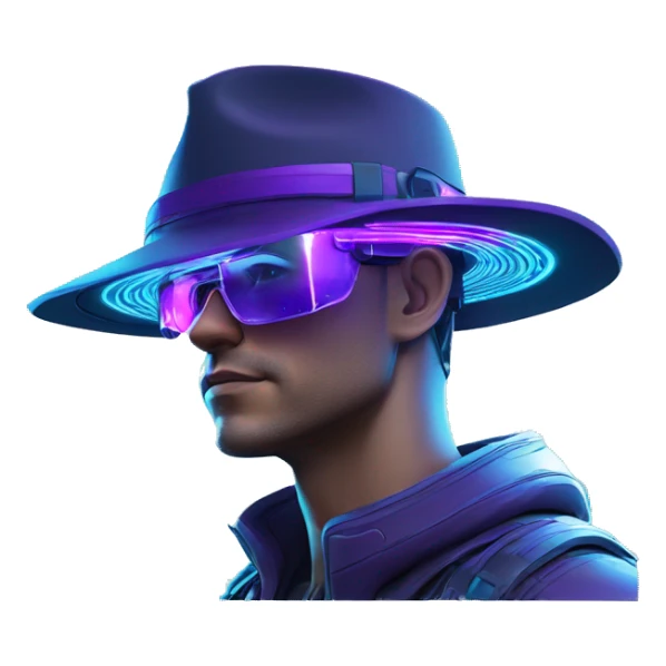 Secret human agent in a hat with  cyberpunk elements in Apple VR googles headset scanning looking reviewing multicolor lines of code, cyan and purple colors, only upper body portrait sticker