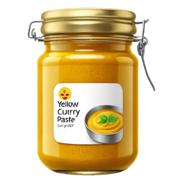 jar of yellow curry paste, short and round, glass, vibrant yellow paste, thick and grainy, metallic or plastic lid, blank label optional, 3D clean style, transparent background, optimized for emoji size sticker