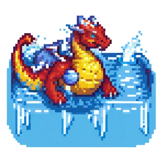 dragon playing water polo, pixel art style sticker