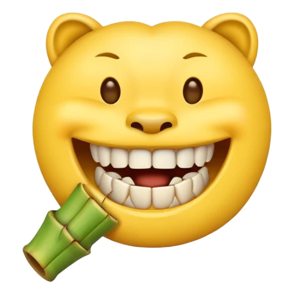 yellow emoji face biting on bamboo muzzle with teeth visible sticker
