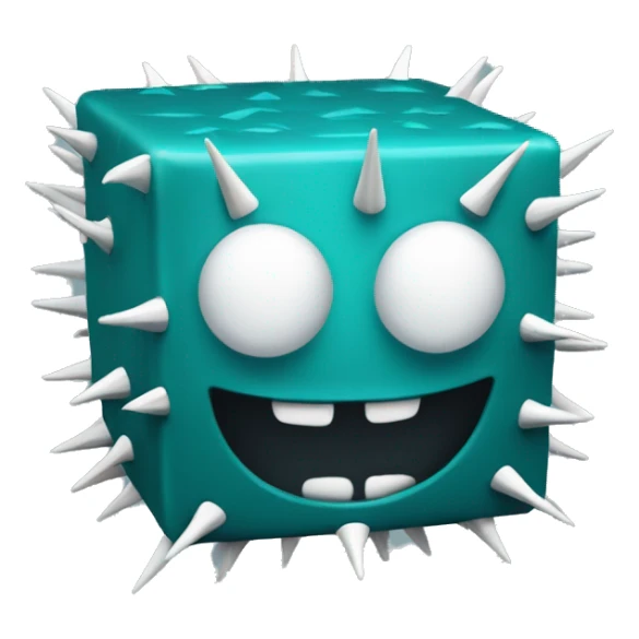dark cyan cube with white eyes and some teethlike spikes on the bottom sticker
