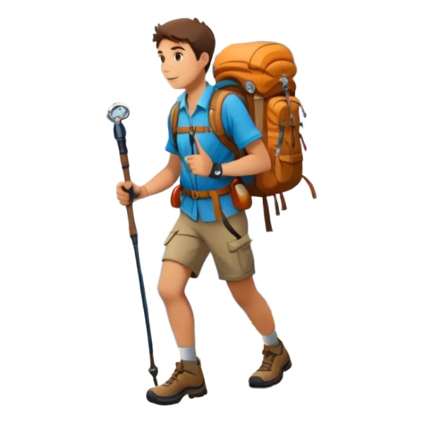 Icon for Mountain Tourism: a scenic mountain range with a hiker carrying a backpack, trekking poles, and a compass. The icon should evoke the adventure and beauty of exploring the mountains. Transparent background. sticker