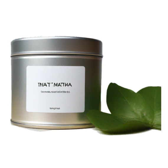 minimal matcha scented candle in small silver tin with realistic label sticker