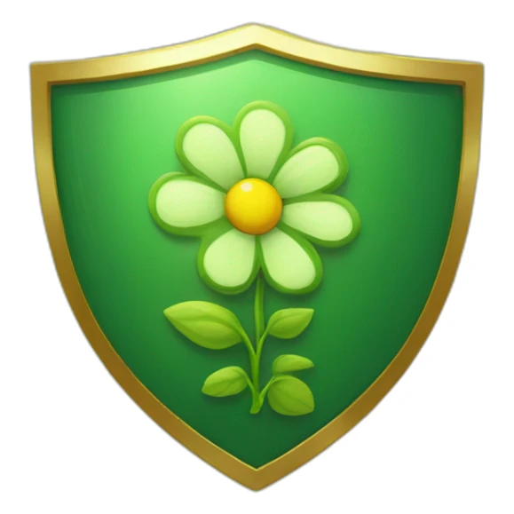 green shield with a gold border and a sprouting flower at the centre sticker