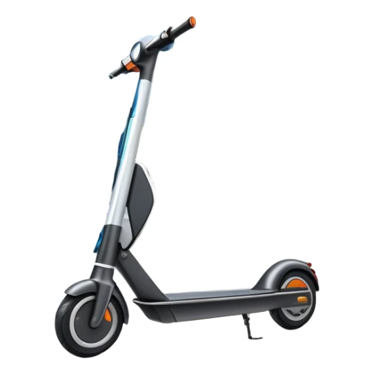 An icon featuring a sleek electric scooter with a modern design, parked on a smooth city sidewalk. The background shows a bustling urban landscape with clear skies, tall buildings, and pedestrians walking by. The scooter is highlighted as a symbol of eco-friendly transportation and modern mobility.  sticker