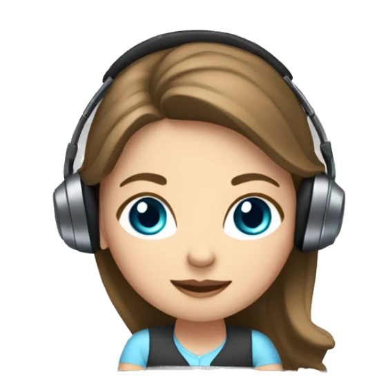 white girl at desk, brown hair, blue eyes, computer, headphones sticker