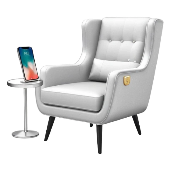 angled smartphone in foreground with clear display of an armchair product page on the screen, with sparkle on the left side sticker