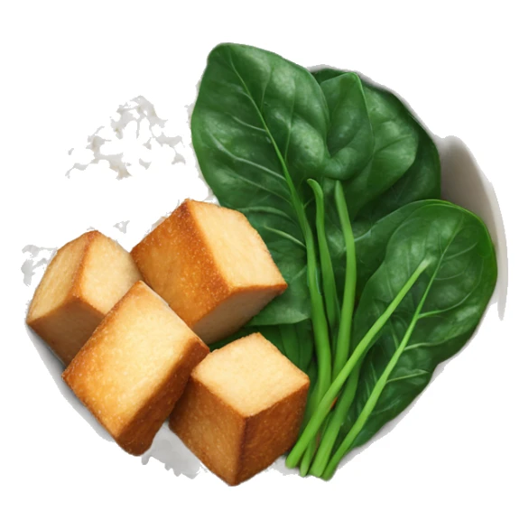a bowl with white rice, crispy tofu and sliced spinach sticker