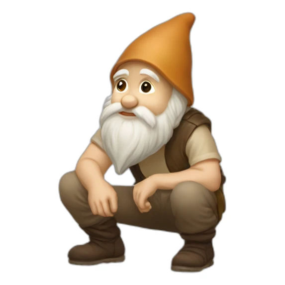 side view of gnome with light tan pants squatting on small dark brown pebble sticker