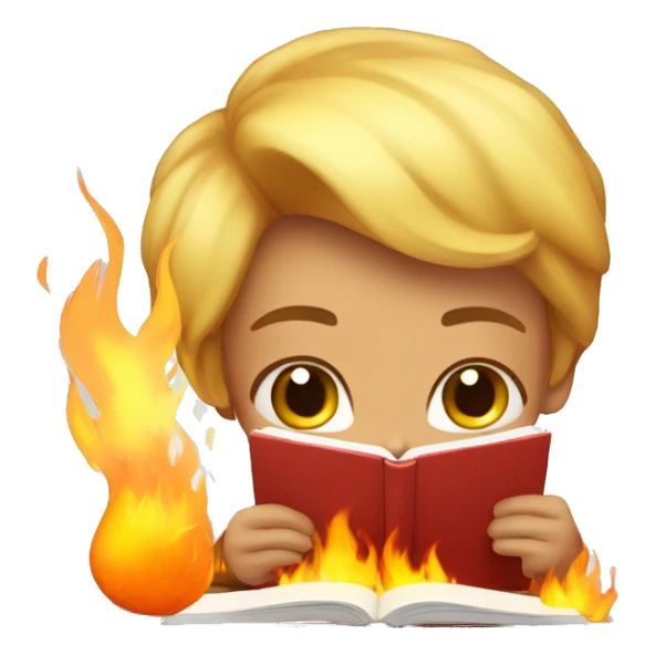 cute student studying hard with big fire sticker
