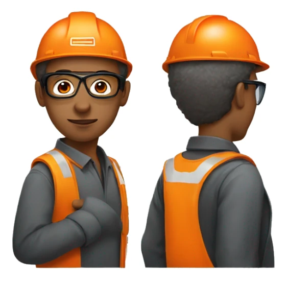 Young man with safety orange helmet, glases and earplugs sticker