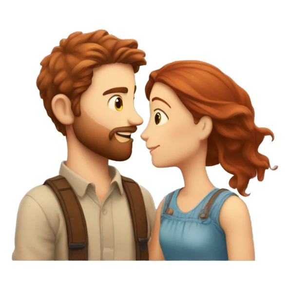 A red-haired boy with a beard kisses a brown-haired girl with great love sticker