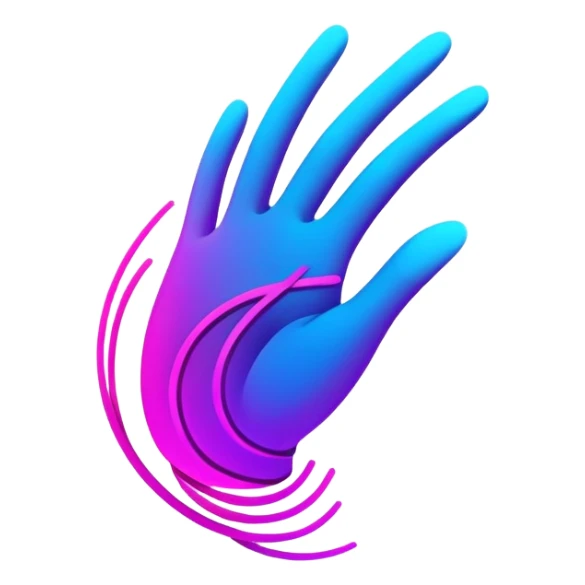 A futuristic abstract logo with curved dynamic lines resembling a subtle hand motion, glowing neon gradients, minimal and modern sticker