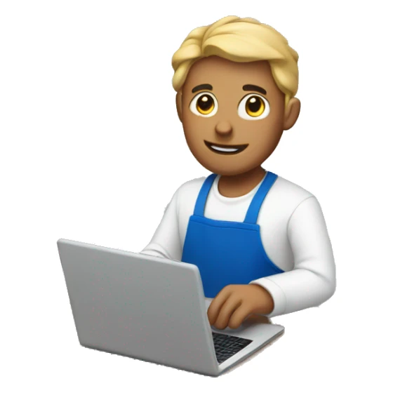 guy in a blue apron with a laptop sticker