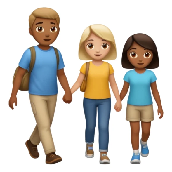 iOS emoji style. 2 friends and a child walking and talking.  sticker