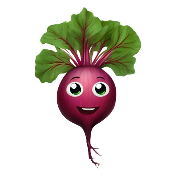 miling beetroot with big expressive eyes, rosy cheeks, and a green leaf on top. Simple and bright design with a cheerful and cartoonish style. sticker
