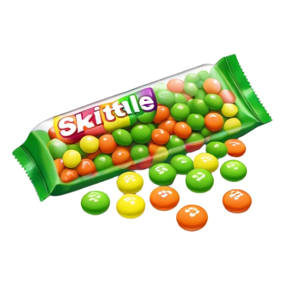 Colorful Skittles package with green candies scattered around it sticker