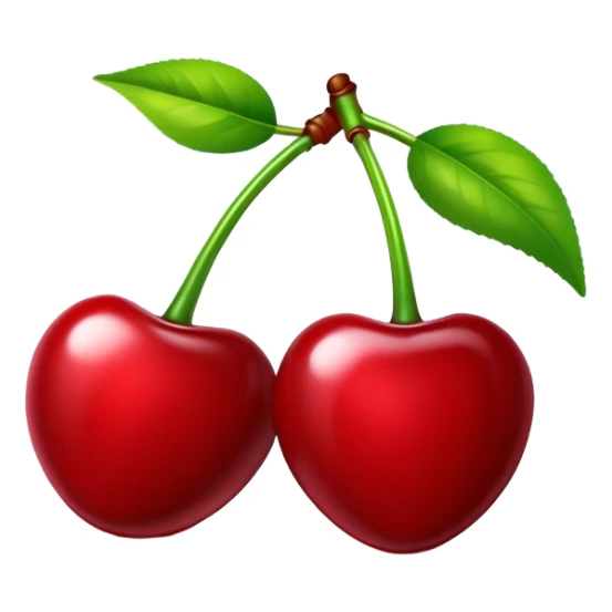 Pair of glossy red cherries with green stem, fruit sticker