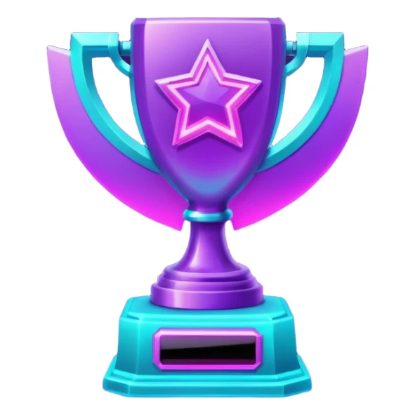 futuristic glowing neon trophy beside, purple and cyan glow, dark background sticker