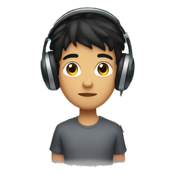 a boy with black hair and a tanned complexion, with a small barely visible moustache. He wears headphones and uses a laptop.  sticker