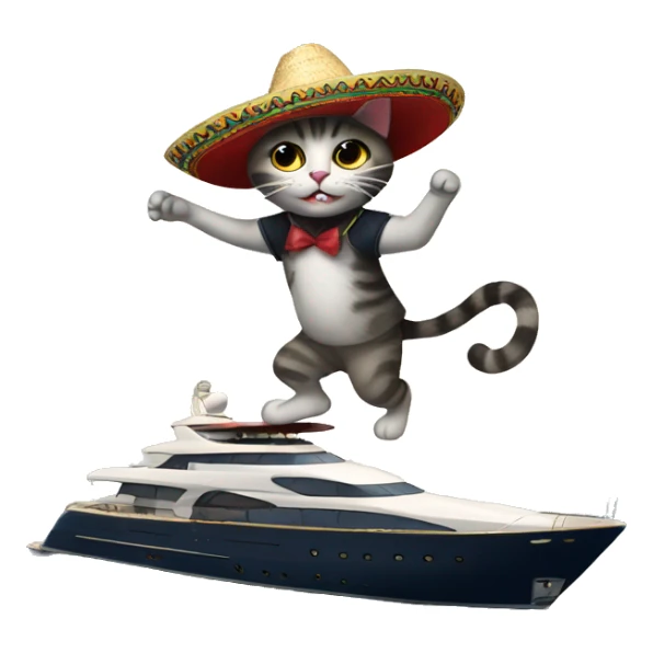 A cat on top of the yacht doing a dance with a sombrero sticker