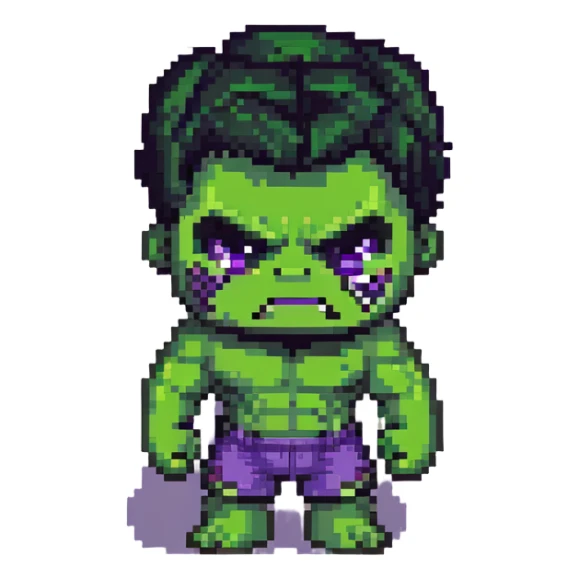 chibi version of Hulk from Marvel, exaggerated head, green skin, purple shorts sticker