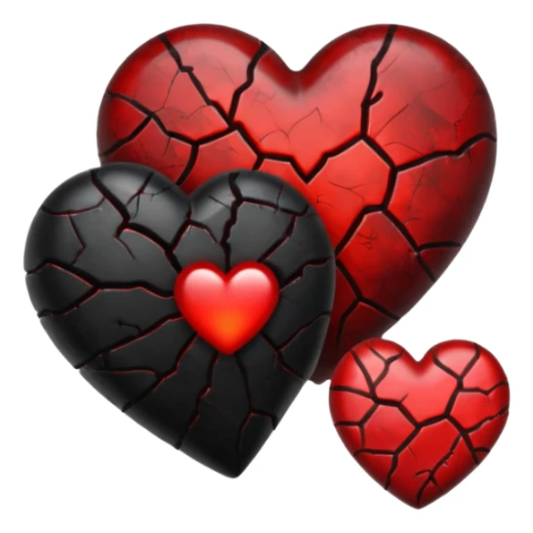 iOS style emoji, dark fantasy heart, black cracked heart, red inner glow, glossy sticker