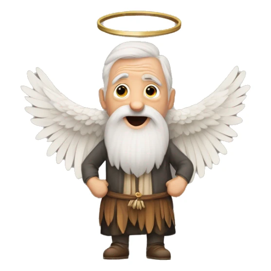 An old man with a beard, with two wings, with one hand raised for worship and a ring in the other hand, with three feathers and rows of feathers in each wing, and a skirt with three rows of feathers. sticker
