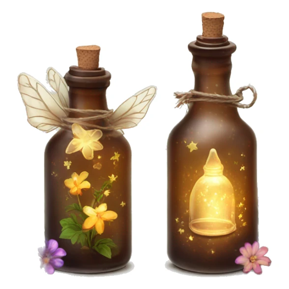 Brown magic fairy light sparkling old Antique bottle with poison and with herbal and flowers sticker
