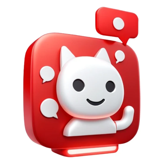 A sleek 3D icon of an AI assistant with glowing red elements, chat bubbles, and subtle YouTube play button integration, white background, modern tech style sticker