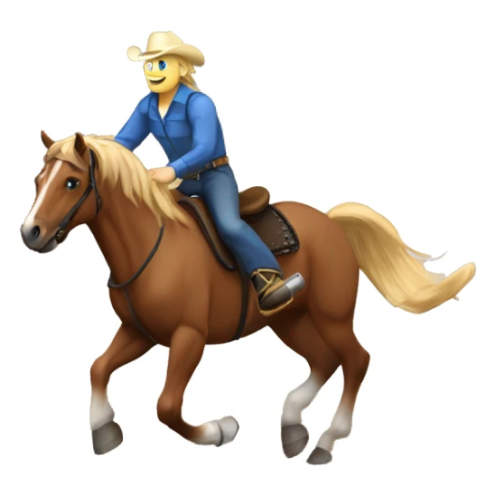 Sorrel horse with white blaze running around a barrel. Tack is all blue. Wearing a blue fringe breast collar. Rider is wearing a black top with blue jeans and boots. Rider has dirty blonde hair and blue eyes sticker