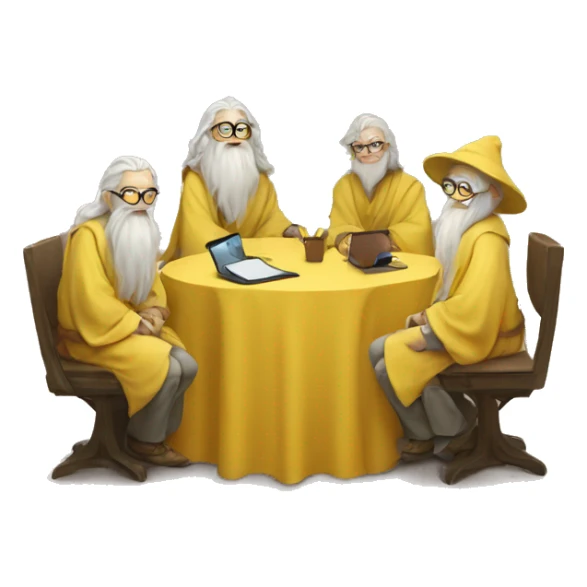 group of gandalfs, round yellow table, yellow clothes, glasses, macbooks sticker