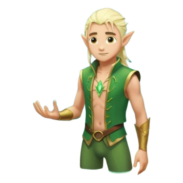 elf male legolas wading in shallow tide pool, palm emitting soft green light to heal glowing coral, practical open vest over bare chest, determined gaze, pointy ears, vibrant underwater plants, centered emoji, nature guardian summer sticker