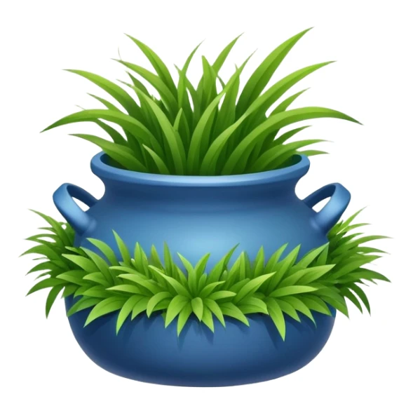 a small blue pot with grass leaves gathered in a pile of sticker