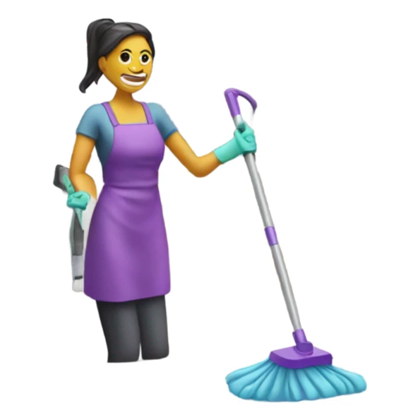 Woman cleaning kitchen with mop and purple cleaner sticker