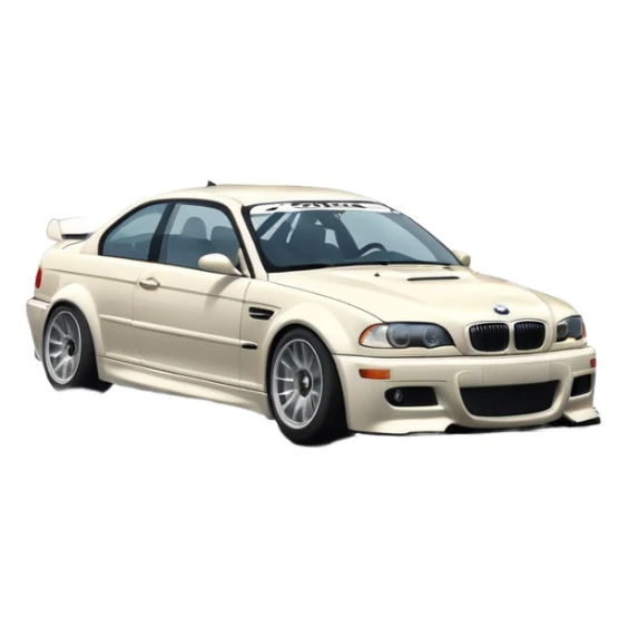 
A BMW M3 E46 is drifting through a corner, with a slight wisp of smoke coming from the rear and the wheels positioned at an angle relative to the turn. sticker