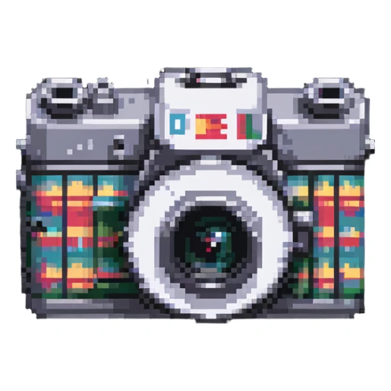 Retro film camera with film roll in pixel art style sticker