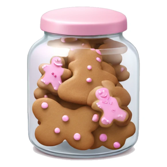 Realistic glass cookie jar with light pink lid full of gingerbread cookies isolated.  sticker
