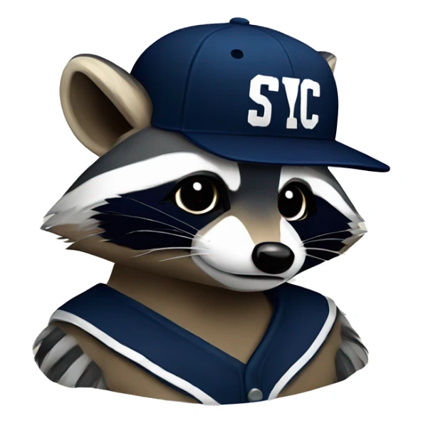 Raccoon with a navy blue baseball hat with the letters SYC on it  sticker