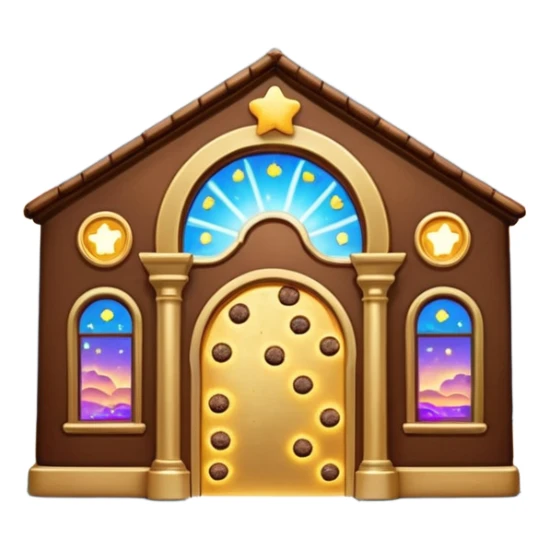 Exterior of a divine floating cookie factory, golden architecture, infinite cookie stream flowing from the entrance, glowing aura, celestial clouds surrounding it, emoji-style sticker