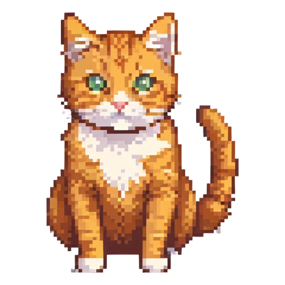 a playful orange tabby cat, pixel art style sticker