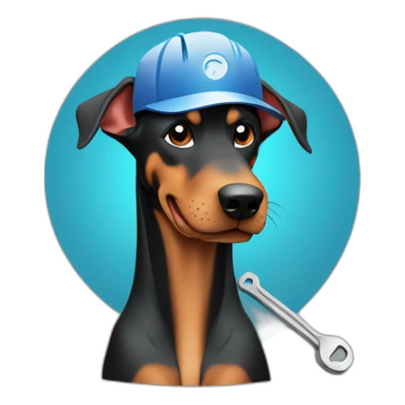 smiling doberman sitting with worker hat holding a wrench in it's paws to remediate a code problem sticker