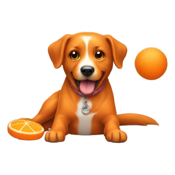 A orange dog playing with dog toy sticker
