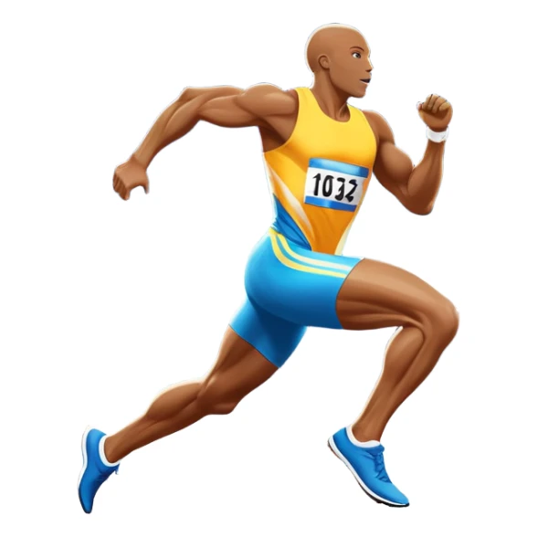 An icon depicting a sprinter in mid-run on a track, muscles tense with speed. The background shows a vibrant stadium filled with cheering fans, bright lights illuminating the track, and a clear sky above. The energy of the race and the thrill of competition are captured in motion.  sticker