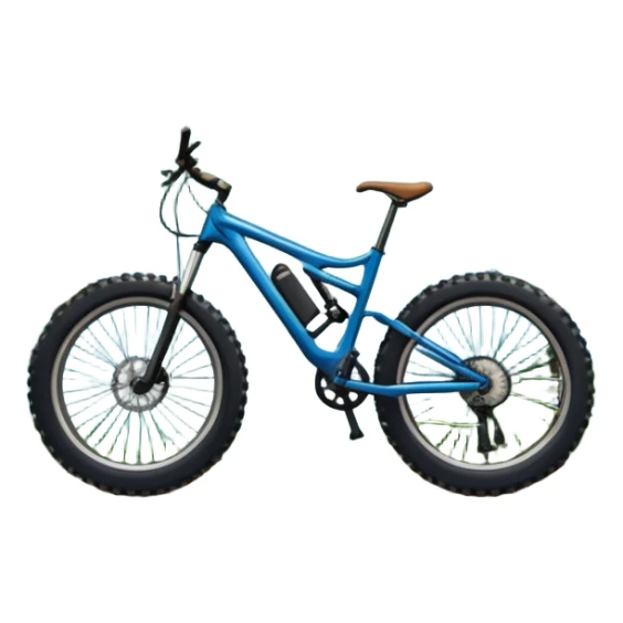 An icon featuring a forest trail or rocky mountain road. The background shows dense trees, steep slopes, and distant peaks under a clear blue sky with mountain bike with wide tires, positioned on  Transparent background highlights the thrill and rugged beauty of mountain biking. sticker