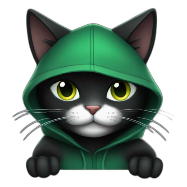 Green hooded black cat assassin waving sticker