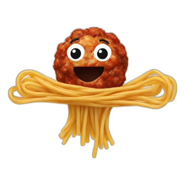 Spaghetti and meatballs with a face, arms and legs, doing something random sticker
